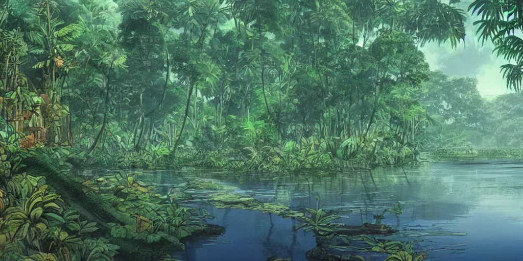 Image similar to sri lankan river in a jungle, drawn by hayao miyazaki