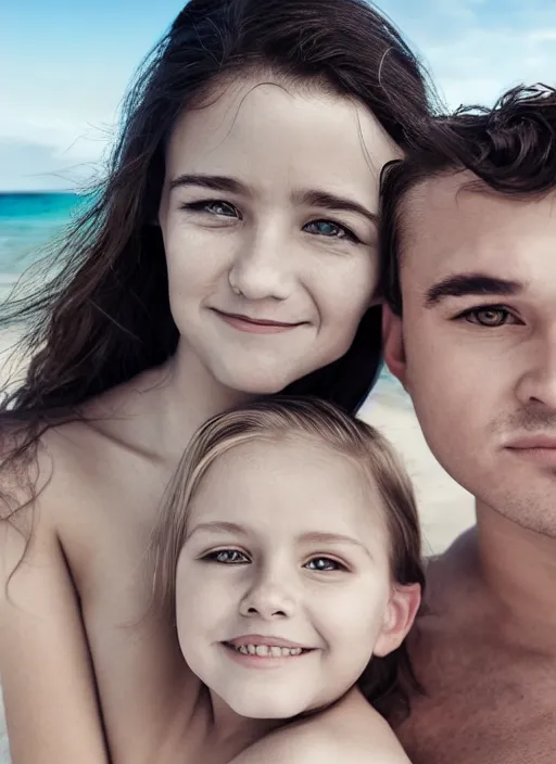 Prompt: portrait of a gorgeous family at the beach, photo by oliver valsecchi, realistic, smooth face, perfect eyes, wide angle, sharp focus, 8 k high definition, insanely detailed, intricate, elegant, art by artgerm