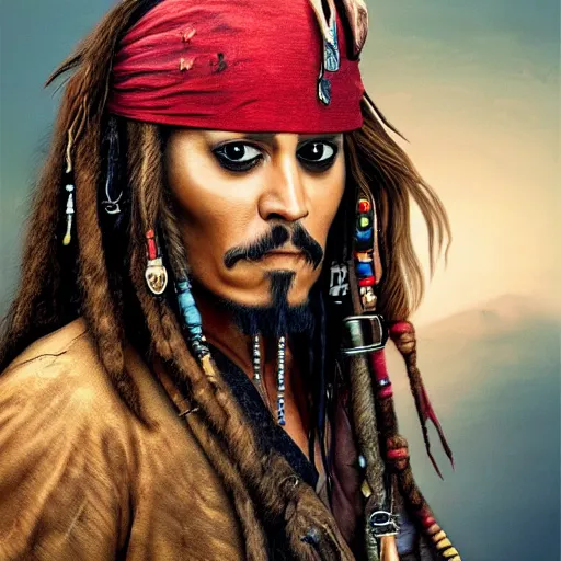 Image similar to jack sparrow with a parrot on the shoulder, portrait, 8k resolution, hyper detailed, realistic eyes, studio lighting, cinematic
