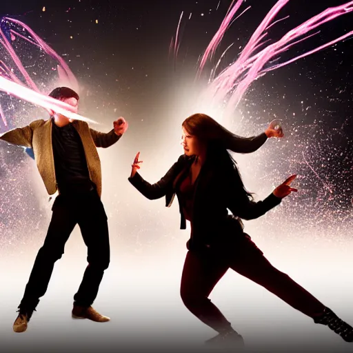 Image similar to action photography of a man and a woman fight in a magic duel. the man uses a black magic spell causing intense flames. the woman used a spell of white magic causing an avalanche of many bursts of light. several mirrors surround them and reflect their fight. atmosphere of intense pressure.