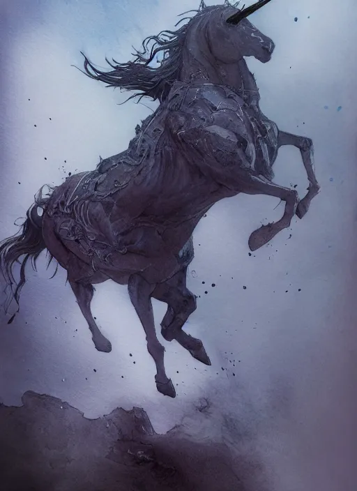 Image similar to portrait, A suicidal unicorn, watercolor, dramatic lighting, cinematic, establishing shot, extremely high detail, foto realistic, cinematic lighting, pen and ink, intricate line drawings, by Yoshitaka Amano, Ruan Jia, Kentaro Miura, Artgerm, post processed, concept art, artstation, matte painting, style by eddie mendoza, raphael lacoste, alex ross
