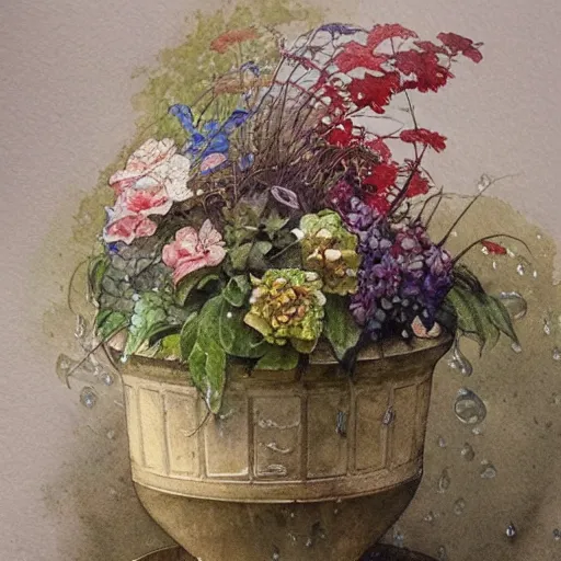 Image similar to a beautifull intricate watercolor painting of potted planter with flowers inside sitting on wet sidewalk, reflexions, raindrops, high details by william turner art, greg rutkowski and alphonse mucha, trending on artstation, very very detailed, masterpiece,