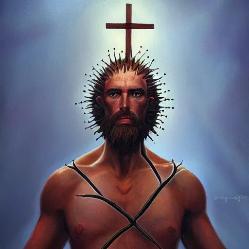 Image similar to portrait of lizard jesus, surrealist, crown of thorns, cross, christianity, intricate, elegant, highly detailed, centered, grungy, digital painting, artstation, concept art, smooth, sharp focus, boris vallejo