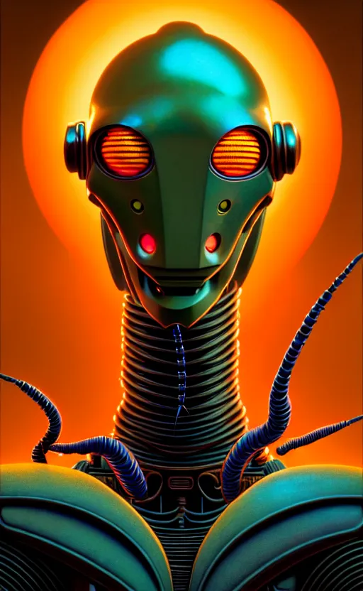 Prompt: friendly humanoid insect robot, portrait bust, symmetry, faded colors, exotic alien features, cypherpunk background, tim hildebrandt, wayne barlowe, bruce pennington, donato giancola, larry elmore, masterpiece, trending on artstation, cinematic composition, beautiful lighting, hyper detailed, 8 k, unreal engine 5