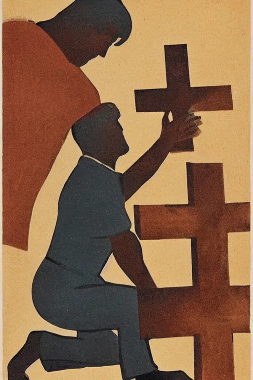 Image similar to man kneeling at the base of a wooden cross, 1960’s advertising art illustration