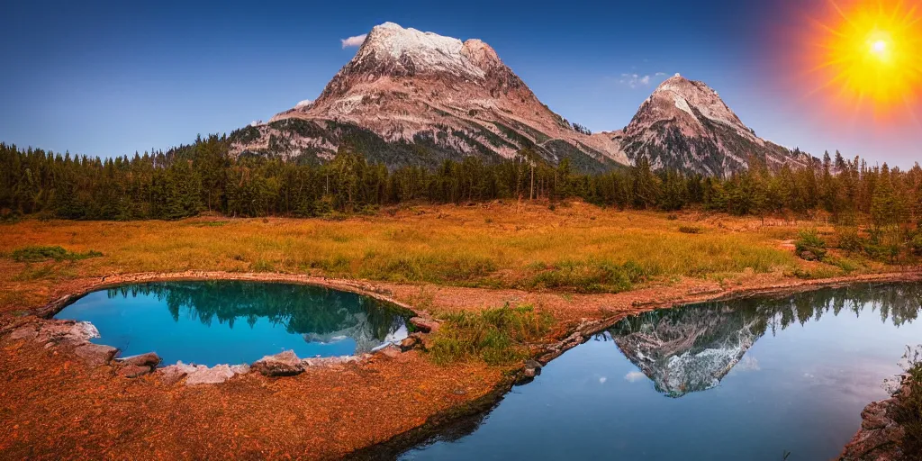 Prompt: A big and beautiful mountain with a clear pond in front of it and an orange sun behind the mountain, professional photography