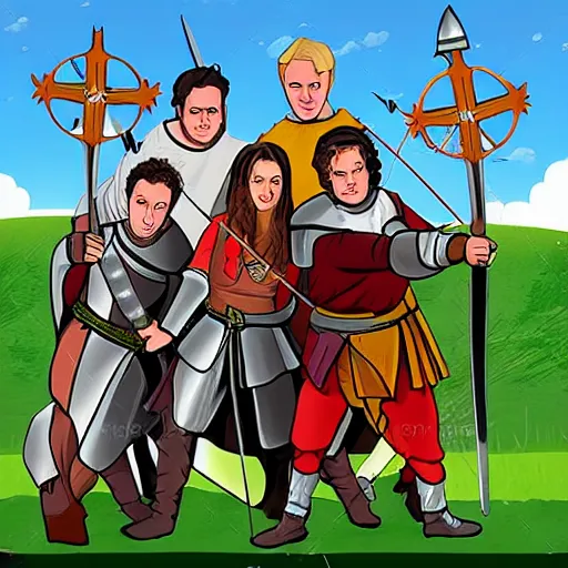 Image similar to the cast of tv show friends in medival battle with swords and shields, fantasy realistic