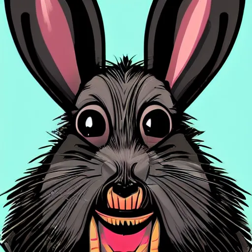 Prompt: A extremely highly detailed majestic hi-res beautiful, highly detailed head and shoulders portrait of a scary terrifying, horrifying, creepy black cartoon rabbit with scary big eyes, earing a shirt laughing, hey buddy, let's be friends, in the retro art style of Walt Disney