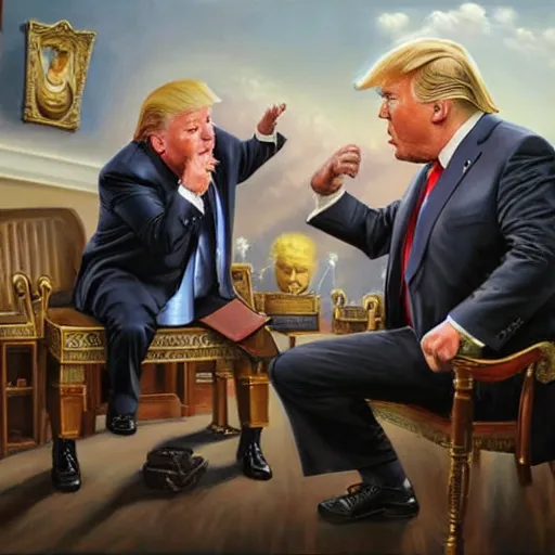 Image similar to portrait of donald trump and alex jones arguing, an oil painting by ross tran and thomas kincade