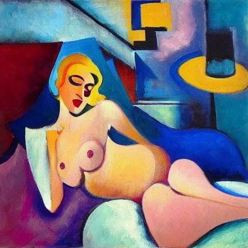Prompt: painting, abstract expressionism, blonde in bed, art deco, vladimir volegov, pablo picasso, wassily kandinsky