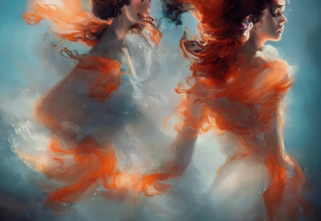 Image similar to full body portrait of a duo of 1 9 years old girl figures, curly messy high bun hairstyle, oriental tattoos, jewelry, subject wearing a high fashion gown, flowing, beautiful, dramatic, cinematic lighting, orange, taupe, fire red, few vivid turquoise highlights, by ross tran and jeremy mann, artstation, pixiv, oil on canvas