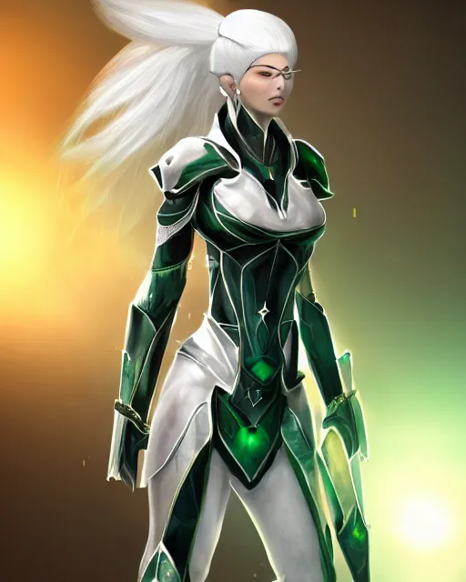 Image similar to perfect white haired attractive egyptian gof, warframe armor, beautiful, symmetric, dreamy, half asian, pretty face, green eyes, charlize theron, detailed, scifi platform, laboratory, experiment, 4 k, ultra realistic, epic lighting, android body, illuminated, cinematic, masterpiece, art by akihito tsukushi, voidstar