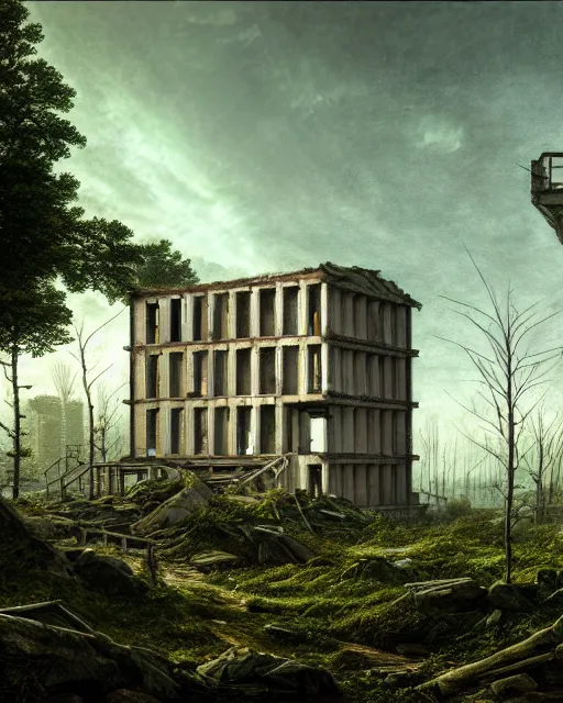 Image similar to a beautiful very detailed illustration of blockhouse industrial architecture building unfinished building nature abandoned architecture urbex by caspar david friedrich, sci - fi vaporwave uv light, archdaily, wallpaper, highly detailed, trending on artstation.