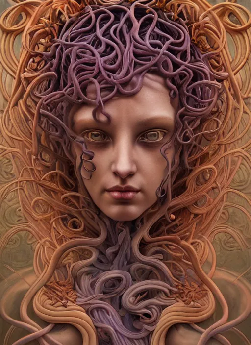 Image similar to medusa, wooden art nouveau swirls, strong subsurface scattering, in the style of james jean and tomasz alen kopera, mystical colors, rim light, soft lighting, 8 k, stunning scene, raytracing, octane render, trending on artstation