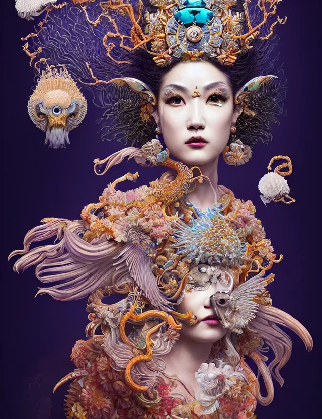 Image similar to 3 d goddess close - up portrait with crown, ram skull. beautiful intricately detailed japanese crow kitsune mask and clasical japanese kimono. betta fish, jellyfish phoenix, bioluminescent, plasma, ice, water, wind, creature, artwork by tooth wu and wlop and beeple and greg rutkowski