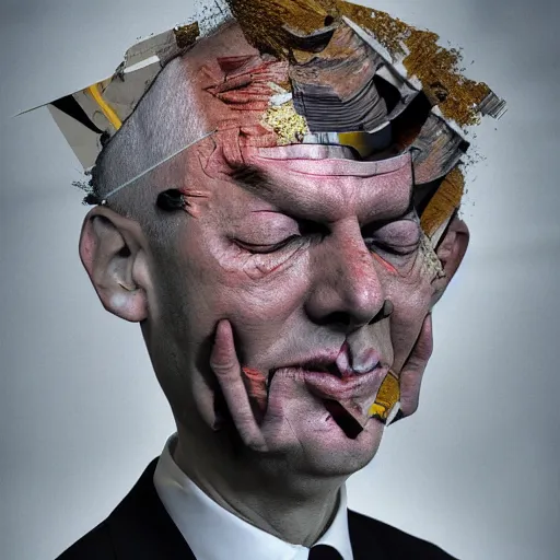 Image similar to A politician loses his face, extreme detail, distortions, shadows, brushes, octane render, 8k by Dave McKean