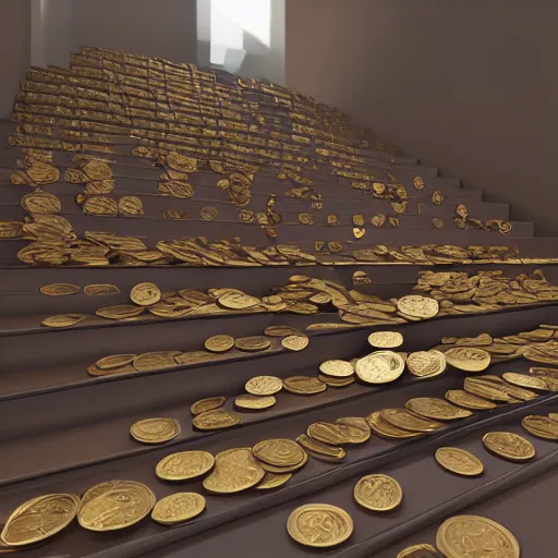 Prompt: Man falling down stairs with hundreds of coins shooting out of him, low poly, 3d, raytraced, soft shadows, detailed, 4k