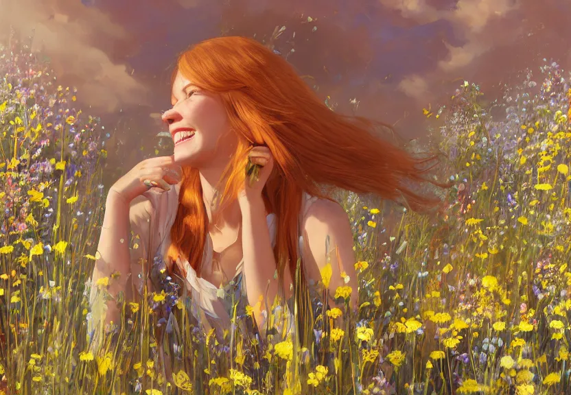 Image similar to a happy woman with copper hair and a flowing yellow sundress dancing in a field of wildflowers, with cute - fine - face, pretty face, realistic shaded perfect face, fine details by realistic shaded lighting poster by ilya kuvshinov katsuhiro otomo, magali villeneuve, artgerm, jeremy lipkin and michael garmash and rob rey