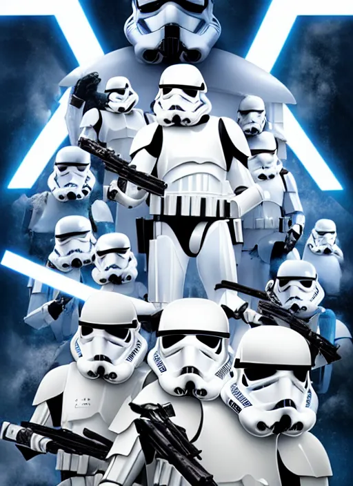 Image similar to An epic fantastic realism comic book style painting of the poster for Stormtrooper Follies, a Star Wars Story, unreal 5, DAZ, hyperrealistic, octane render, dynamic lighting
