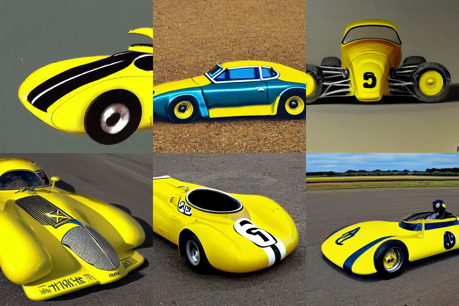 Prompt: a yellow race car by bill paterson.