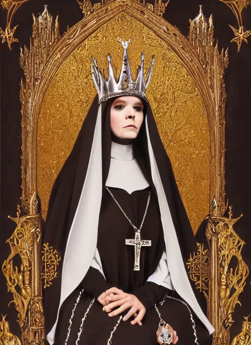 Image similar to highly detailed closeup portrait of a goth fairytale nun princess wearing a crown and sitting on a throne, surrounded by medieval goblins, unreal engine, nicoletta ceccoli, mark ryden, earl norem, lostfish, global illumination, god rays, detailed and intricate environment