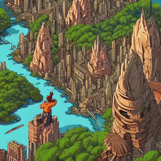 Image similar to cell shaded adult animation, a birds eye view overlooking a walled off ancient fantasy city being attacked by monsters, surrounded by mountains and trees of greens and browns, rivers and lakes, concept art by josan gonzales and wlop, Laurie Greasley and james jean, highly detailed, sharp focus, Trending on Artstation, HQ, deviantart, art by artgem