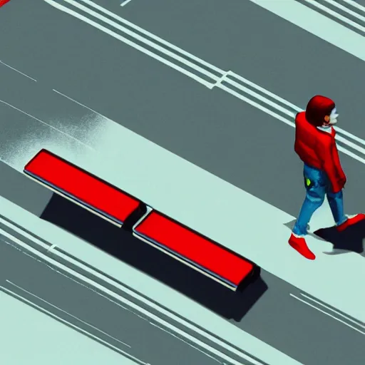 Image similar to man with a red jacket. walking towards a red futuristic racing motorbike on a wide road. isometric isometric view, wide angle, pencil drawing, photo realistic, hyper realistic, dramatic lighting, cyberpunk, ultra detailed, sharp focus, digital illustration, trending on artstation