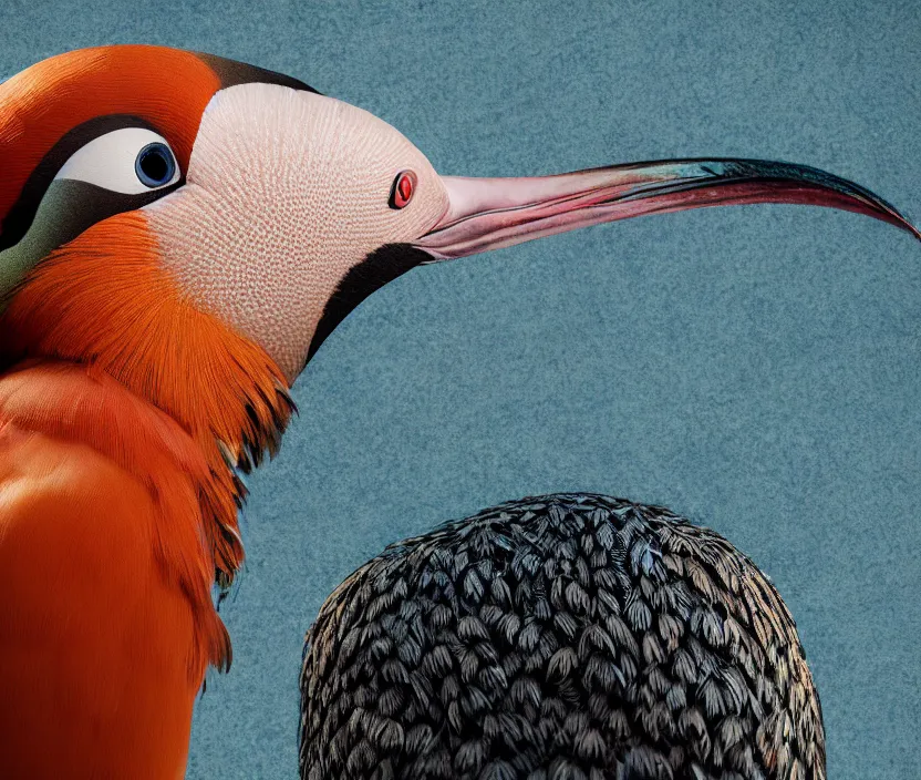 Prompt: a realistic photo of a semi - translucent creature made of birds, creature wrinkles feathers exotic morphing hoopoe, pheasant skin merged sky animal, atlantic puffin, turaco morphing chicken, clear, global illumination, refraction, king vulture head, displacement map, bump map, normal map