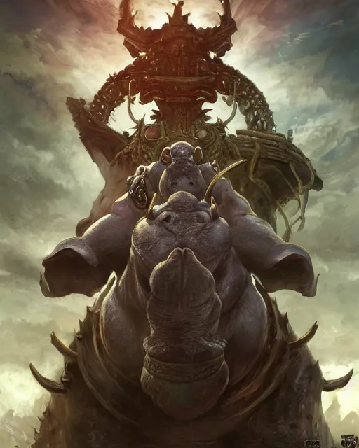 Image similar to Hippo, Anthropomorphized, as warlord general on skull throne, magic the gathering artwork, D&D, fantasy, cinematic lighting, centered, symmetrical, highly detailed, digital painting, artstation, concept art, smooth, sharp focus, illustration, volumetric lighting, epic Composition, 8k, art by Akihiko Yoshida and Greg Rutkowski and Craig Mullins, heroic pose, oil painting, cgsociety, Battlefield background, explosions, arrows