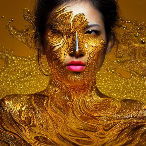 Image similar to asian girl, liquid golden and black fluid, magic hour, dramatic light, liquid voronoi pattern, golden bodypaint, world best photography