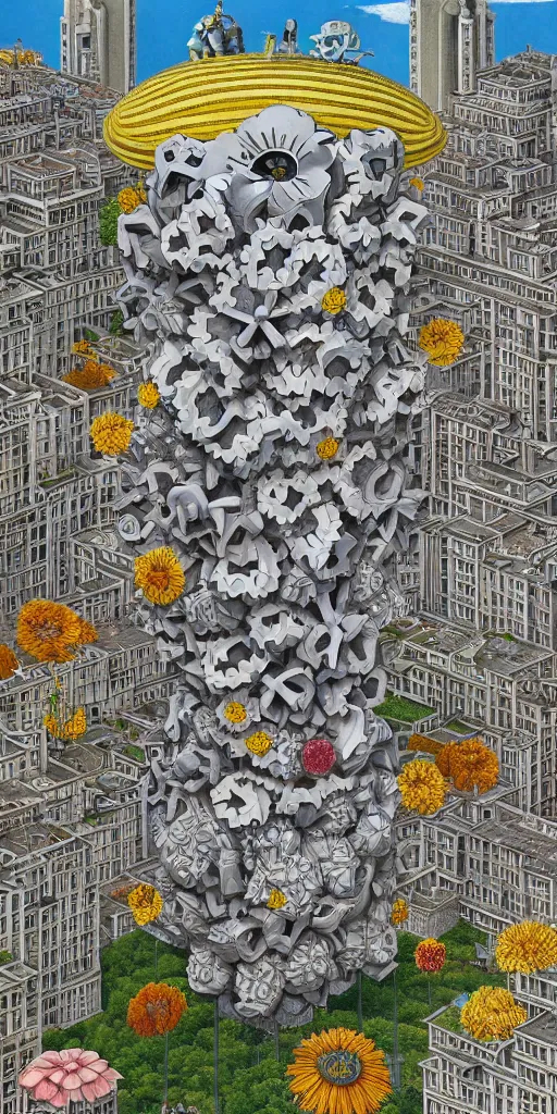 Image similar to colossal MC Escher flower in the middle of post soviet constructivist cityscape, Stalinist architecture, ultradetailed, Intricate by Hayao Miyazaki and Josan Gonzalez and Giuseppe Arcimboldo and Wes Anderson and H.R. Giger