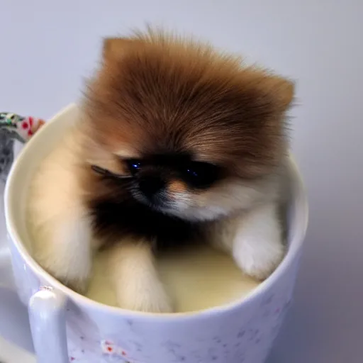 Image similar to extremely tiny pomeranian in a mug