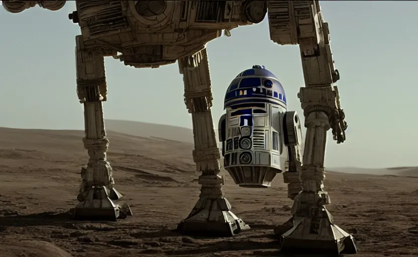 Image similar to a screenshot wide shot of astromech R2-D2 AT-AT land walkers, marching on a surreal red planet landscape, from The Last Jedi, iconic scene from the 1979 film directed by Stanley Kubrick, shot on anamorphic lenses, cinematography, 70mm film, lens flare, kodak color film stock, ektachrome, immensely detailed scene, 4k