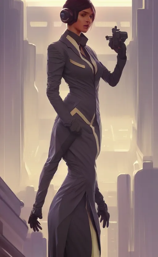 Image similar to Female in office dress, sci-fi, highly detailed, digital painting, artstation, concept art, smooth, sharp focus, illustration, art by artgerm and greg rutkowski and alphonse mucha