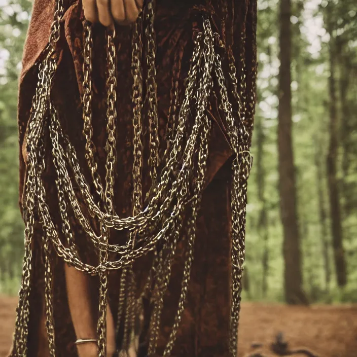 Prompt: a closeup of a woman wearing a cloak of chains, dragging a pile of chains, in a forest, by Erik Almas, CANON Eos C300, ƒ1.8, 35mm, 8K, medium-format print