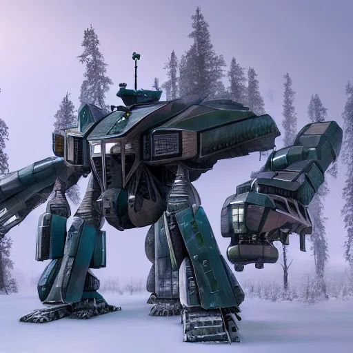 Prompt: futuristic colossal mech fortress travels across a swedish forest in the winter very low angle photograph trending on artstation