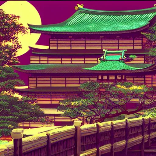 Prompt: ancient japanese structure, epic retrowave art, trending on art station