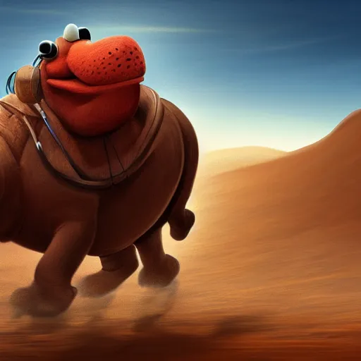 Image similar to Elmo riding a hippo through a desert landscape, digital painting, artstation, concept art, smooth, sharp focus, illustration, hyperrealistic, photorealistic