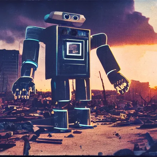 Image similar to old polaroid of a evil robot walking on a destroyed city, 8 k, uhd, golden hour, 8 0 0 mm