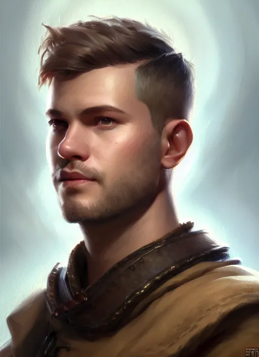 Image similar to a _ fantasy _ style _ portrait _ painting _ of slightly chubby white male very short hair short stubble, brown hair, rpg dnd oil _ painting _ unreal _ 5 _ daz. _ rpg _ portrait _ extremely _ detailed _ artgerm _ greg _ rutkowski _ greg