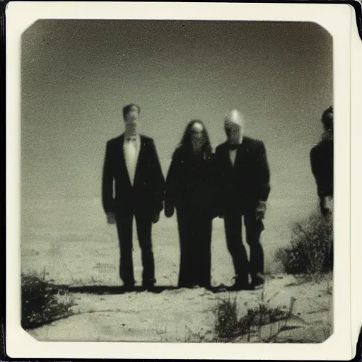 Image similar to really old polaroid photograph of horrorific extraterrestrial beings visiting earth,