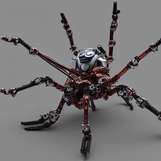 Image similar to mechanical spider robot with eight legs and strings, insane details, sharp focus, octane render