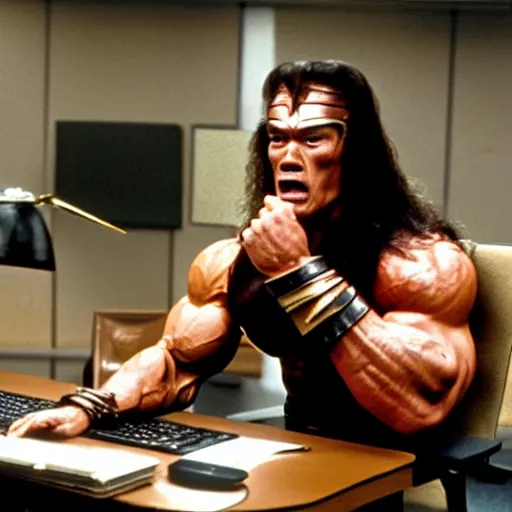 Prompt: actor arnold schwarzenegger as conan the barbarian sitting at a desk, as an office worker, in an office, inside an office building, sitting at a desk, angrily shouting at a laptop, angry at laptop, laptop computer, computer trouble, technical difficulties, software error, crisp lighting, corporate photography