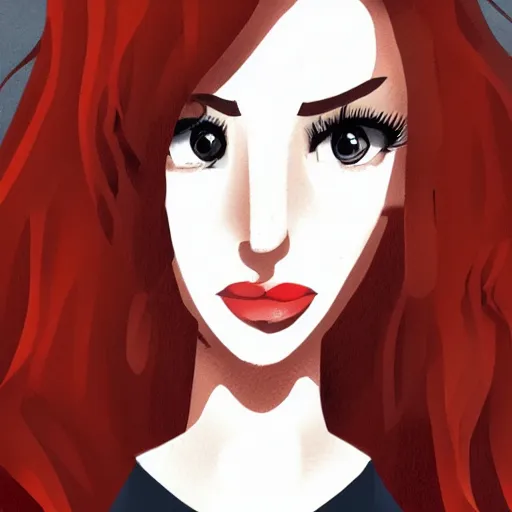 Image similar to a cartoon illustration portrait of a beautiful cute girl with wavy black red hair, a pointy nose and, round chin black eyeliner, trending on artstation