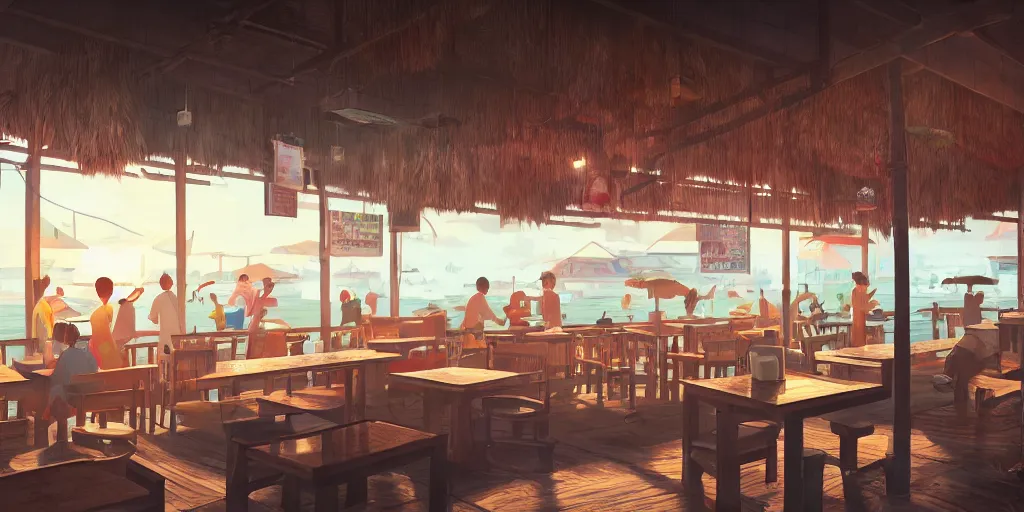 Image similar to interior of a kopitiam at pulau indah fishing village, near a jetty, early morning, hyperrealistic, detailed matte painting, low angle view, telephoto lens, bokeh, studio ghibli, artstation