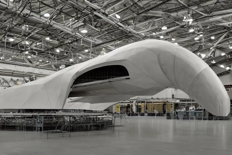Prompt: a spaceship by Gurmukh Bhasin and Mikko Kinnunen, hanger