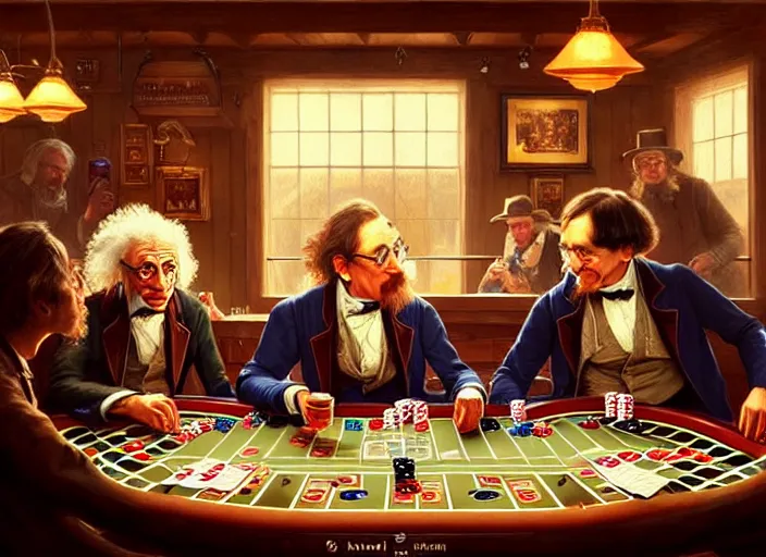 Prompt: playing poker in a saloon, Isaac Newton and Stephen Hawking and Albert Einstein, by Mandy Jurgens, trending on artstation, Richard Schmid and norman rockwell