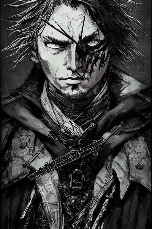 Prompt: portrait of a bloodborne hunter, sumi - e style, masterful, intense, concept art, detailed, intricate linework, art by yoji shinkawa