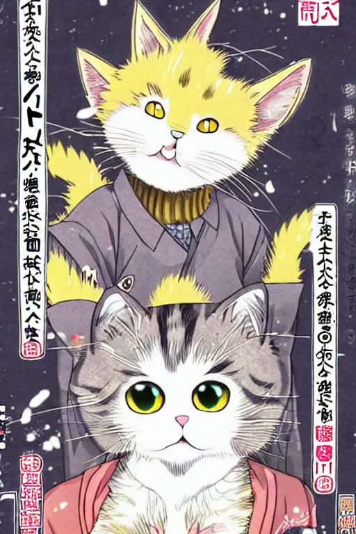 Image similar to a cover of japanese manga about a cute cat find the owner in apocalypse cruel world, high detail, anime cover, illustrated