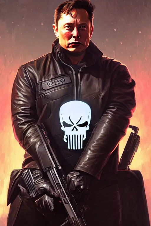 Image similar to elon musk as punisher, portrait, highly detailed, digital painting, artstation, concept art, smooth, sharp focus, illustration, cinematic lighting, art by artgerm and greg rutkowski and alphonse mucha